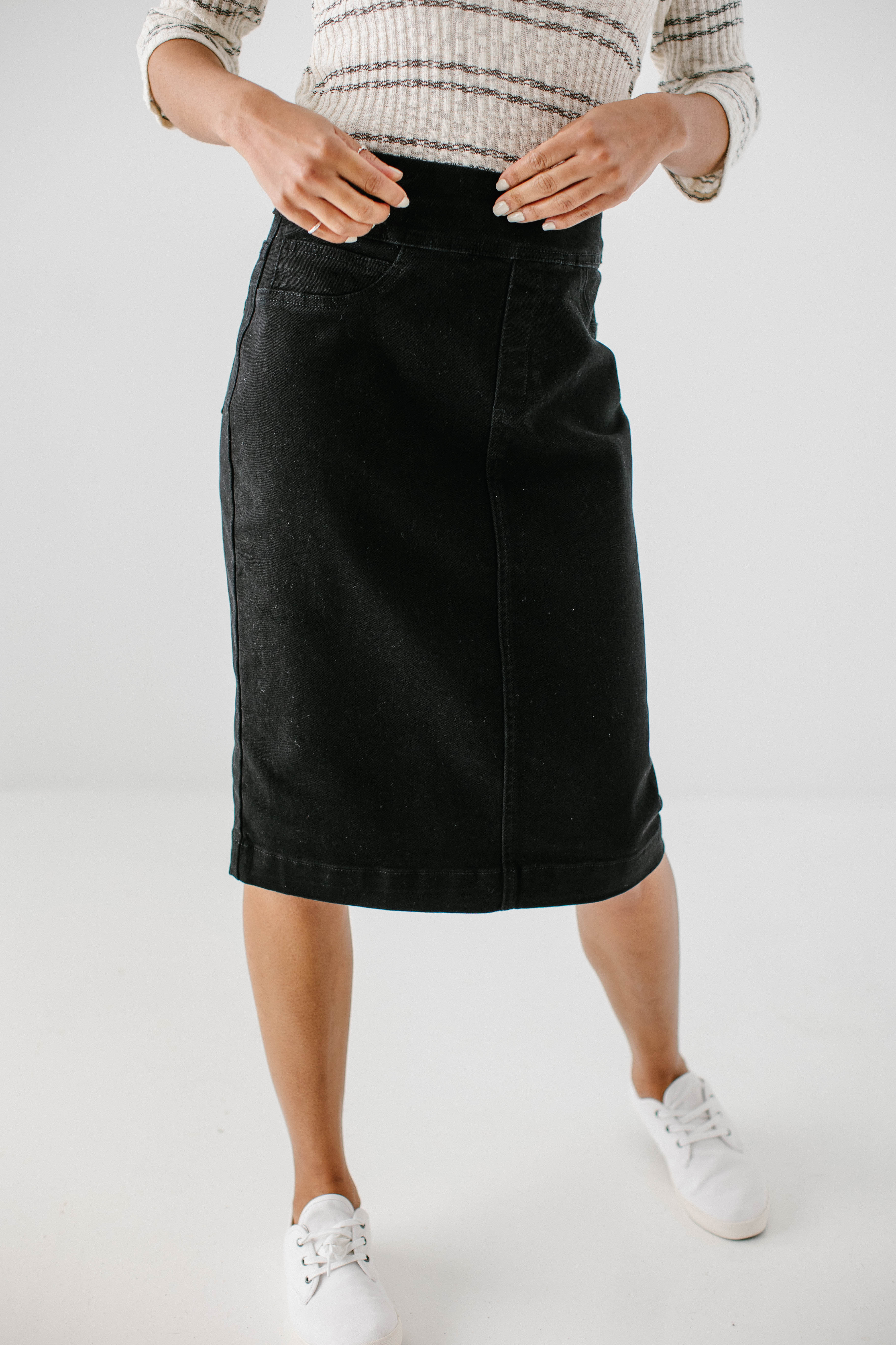 Sara Stretch Denim Skirt in Black - Image 6
