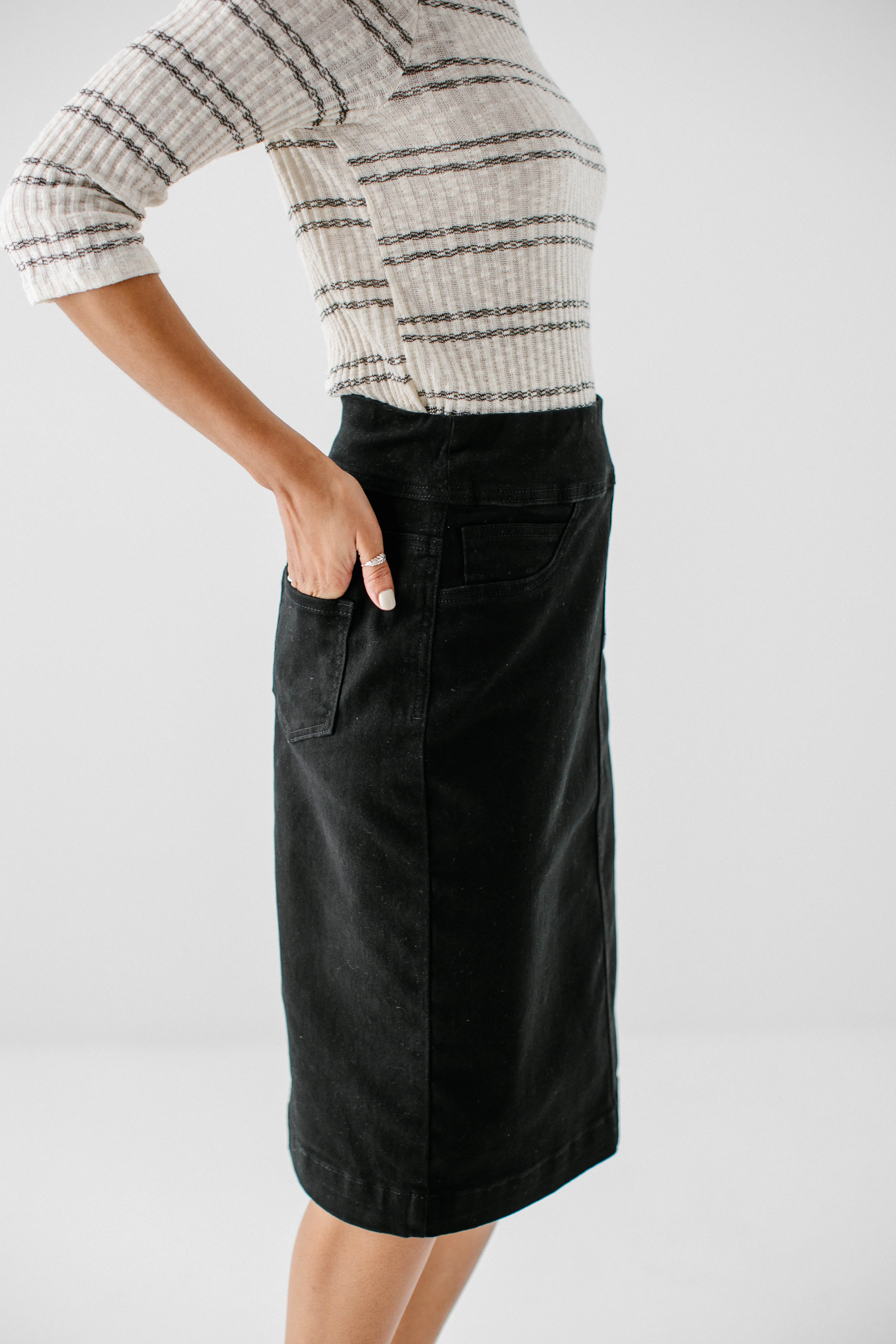 Sara Stretch Denim Skirt in Black - Image 8