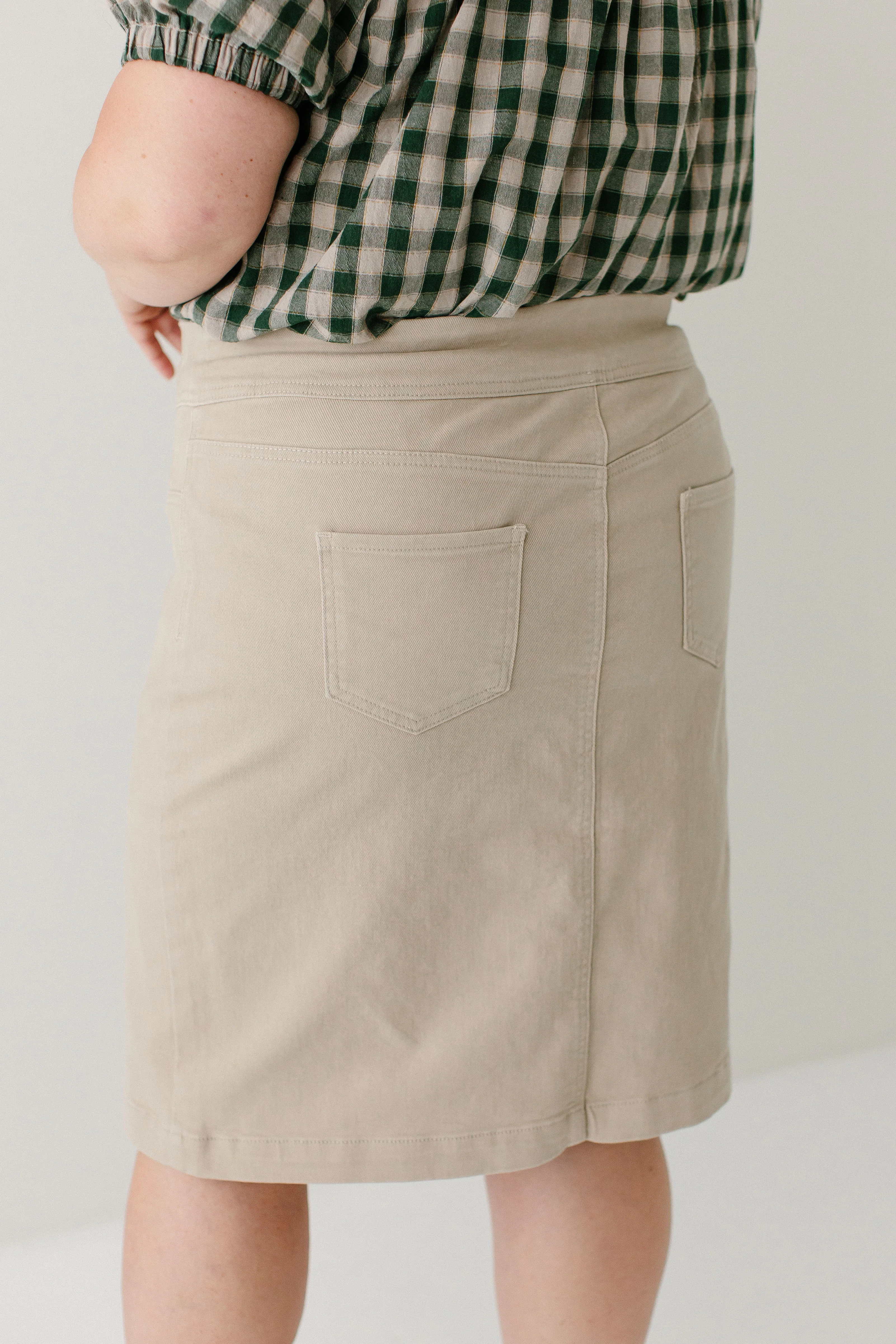 Sara Stretch Denim Skirt in Khaki - Image 13