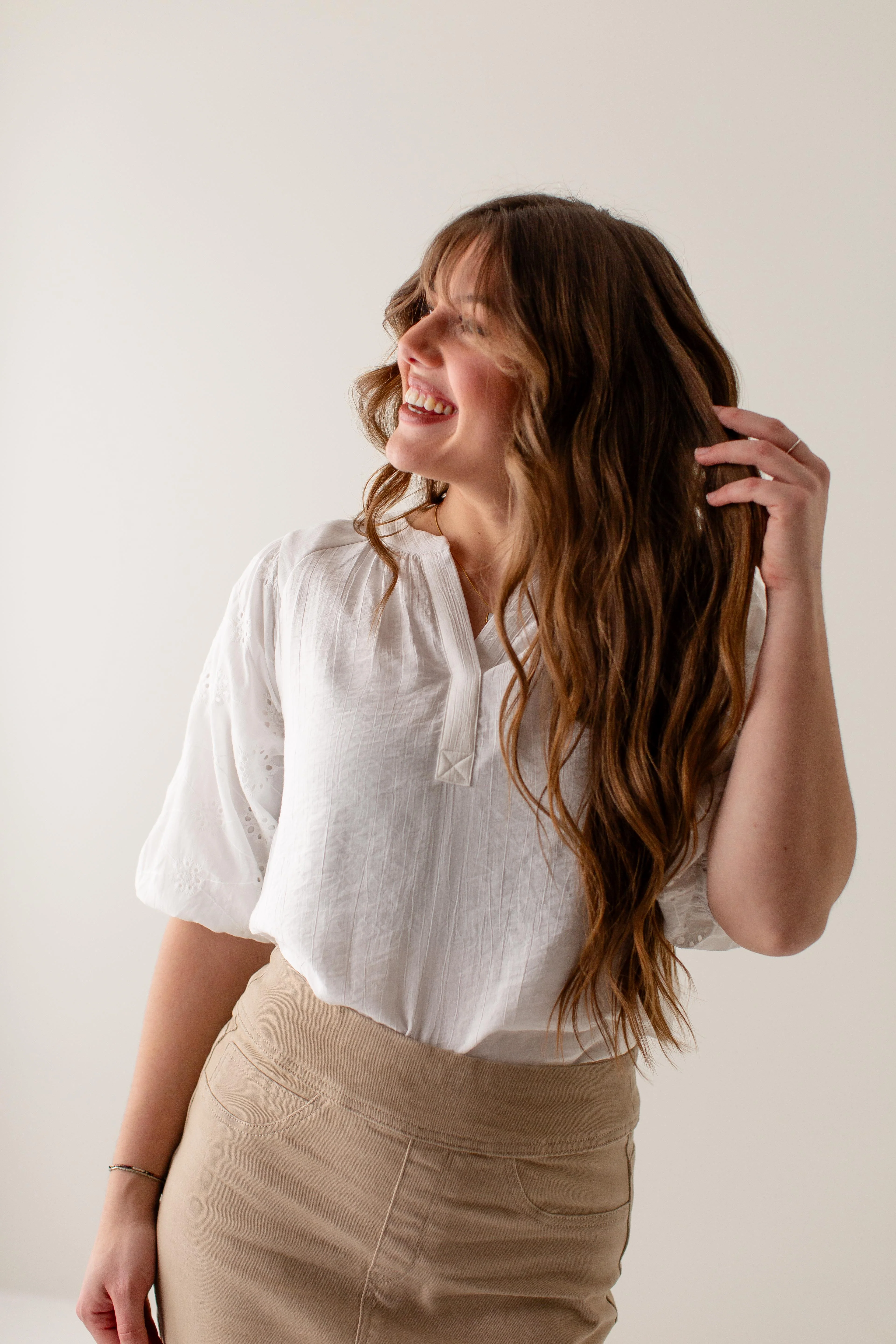 Sara Stretch Denim Skirt in Khaki - Image 14