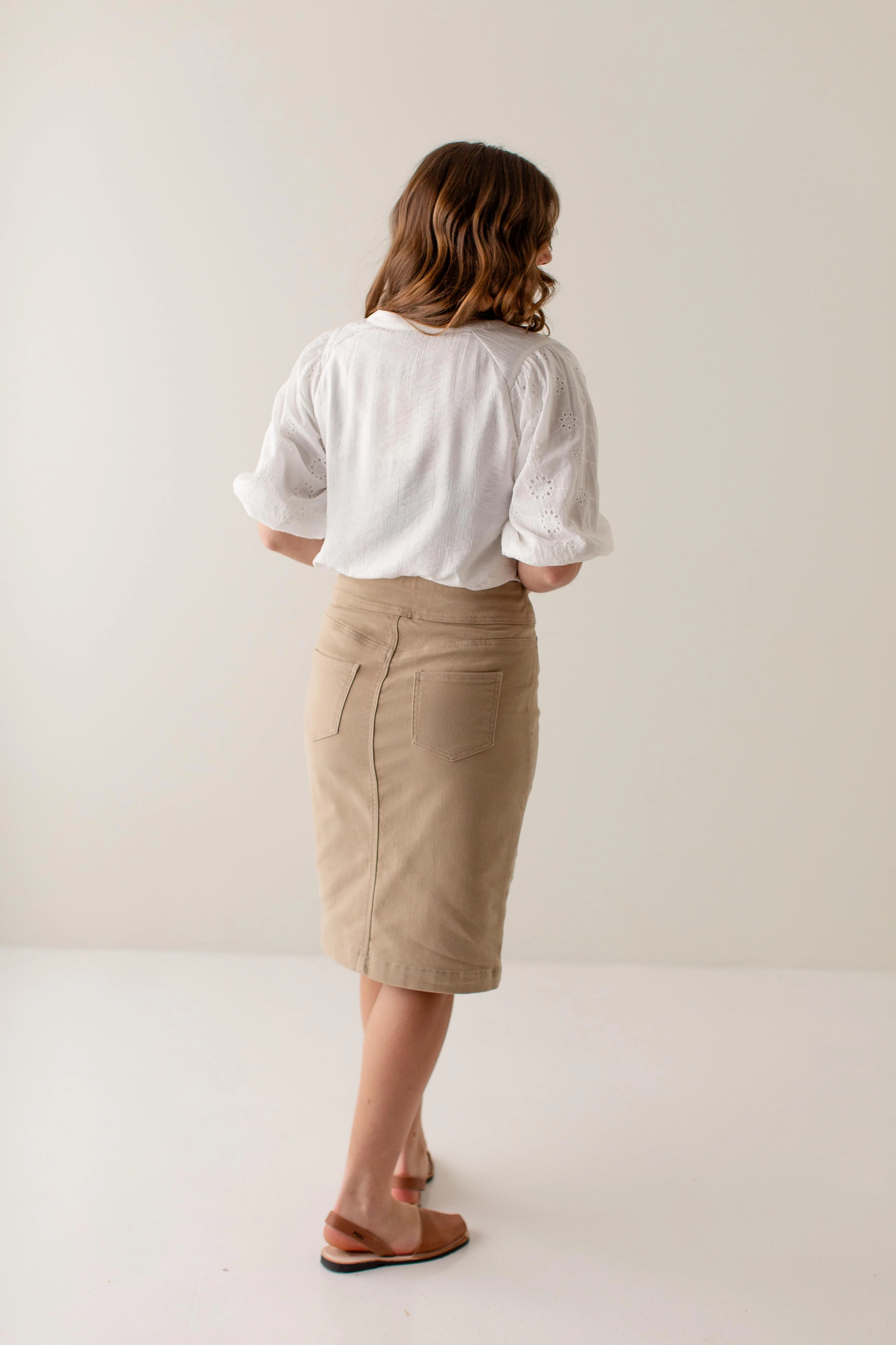 Sara Stretch Denim Skirt in Khaki - Image 15