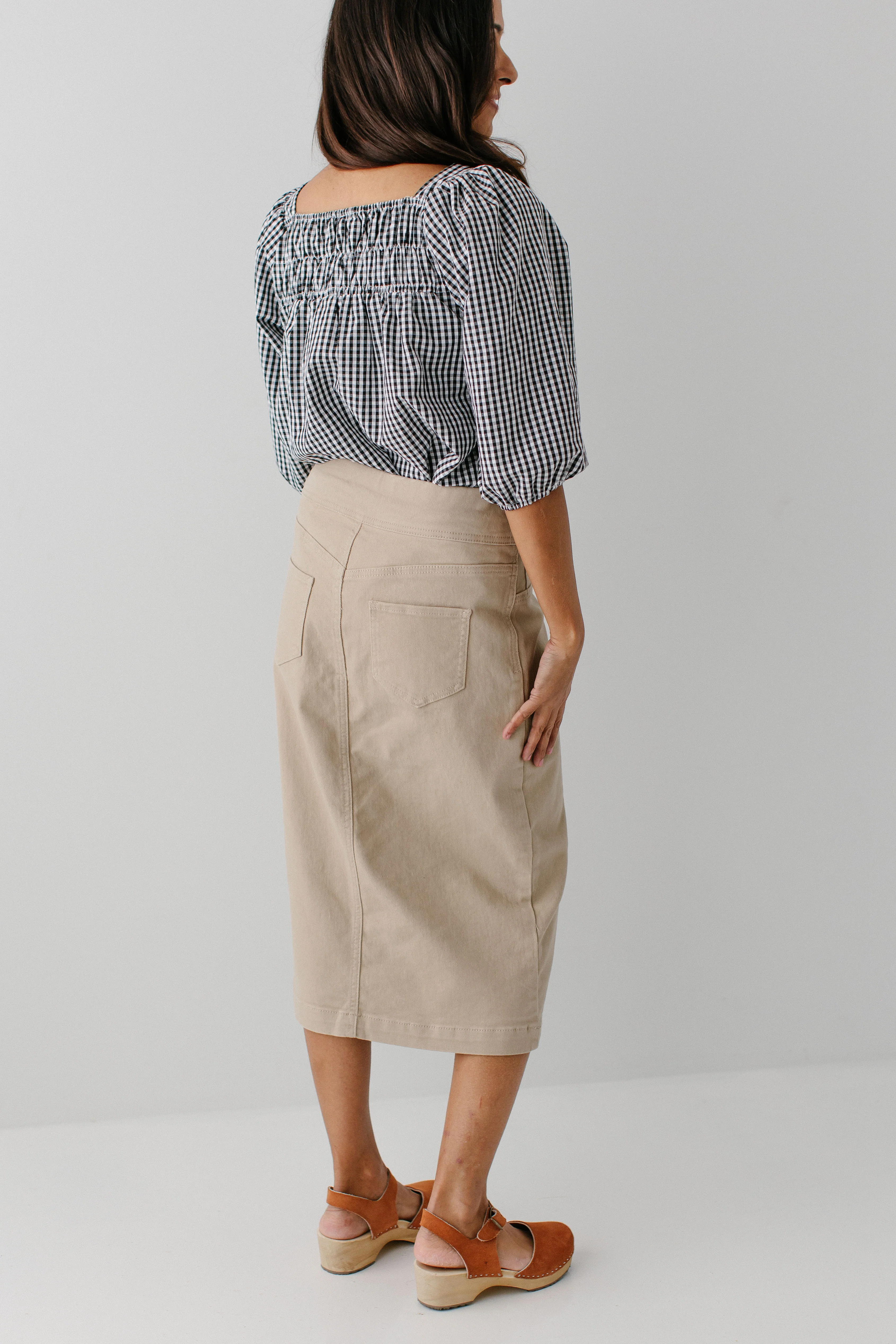 Sara Stretch Denim Skirt in Khaki - Image 19