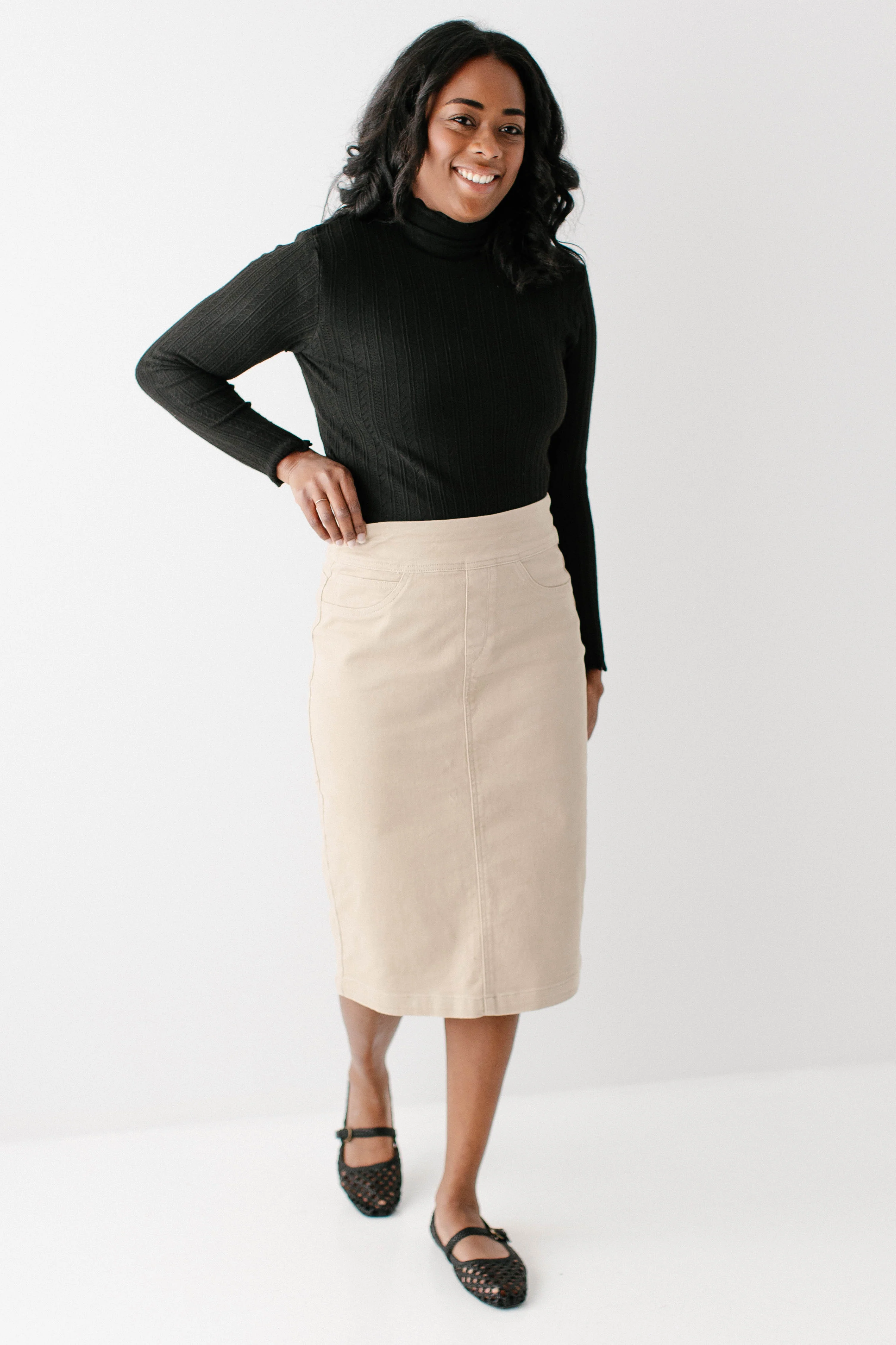 Sara Stretch Denim Skirt in Khaki - Image 3