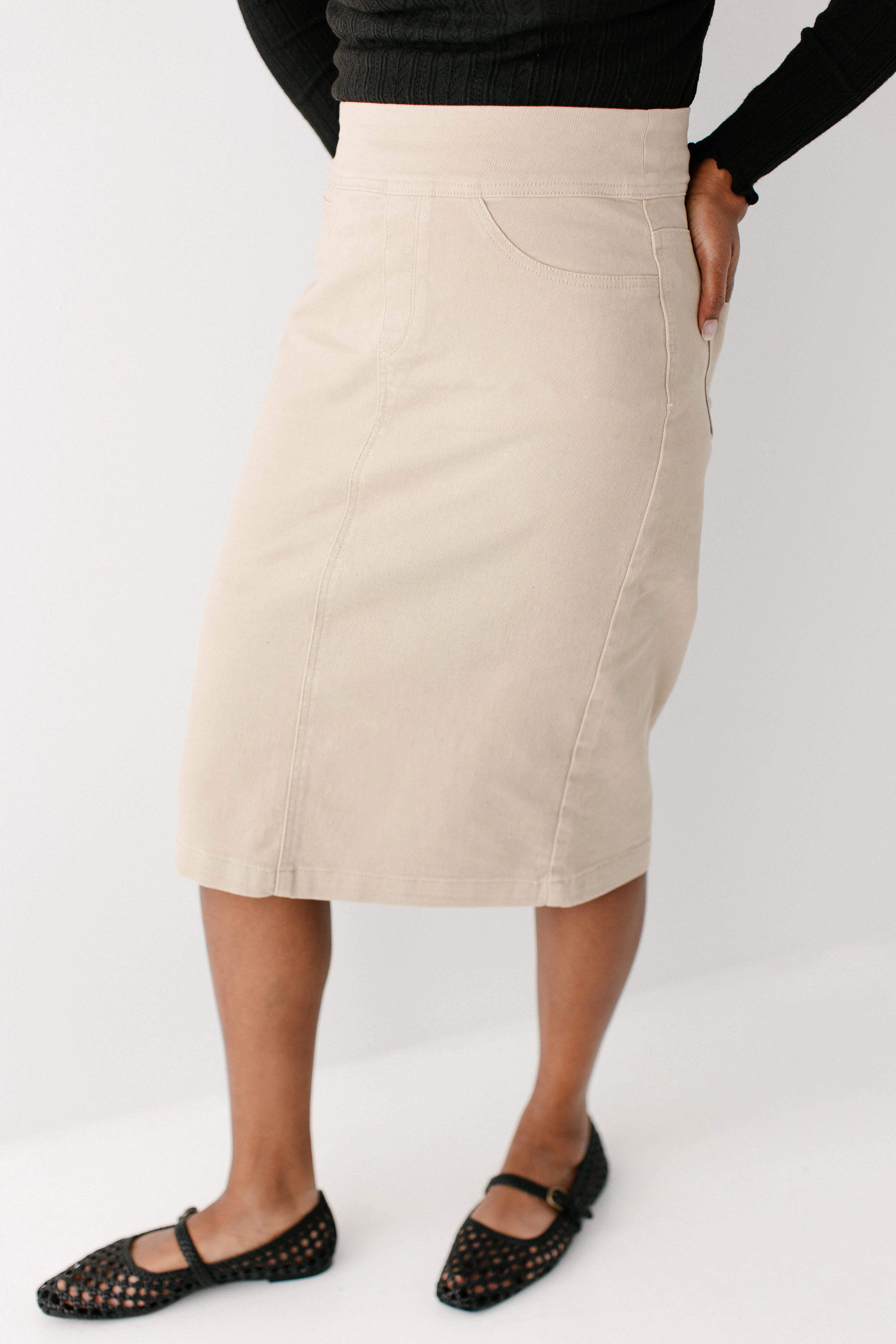 Sara Stretch Denim Skirt in Khaki - Image 5