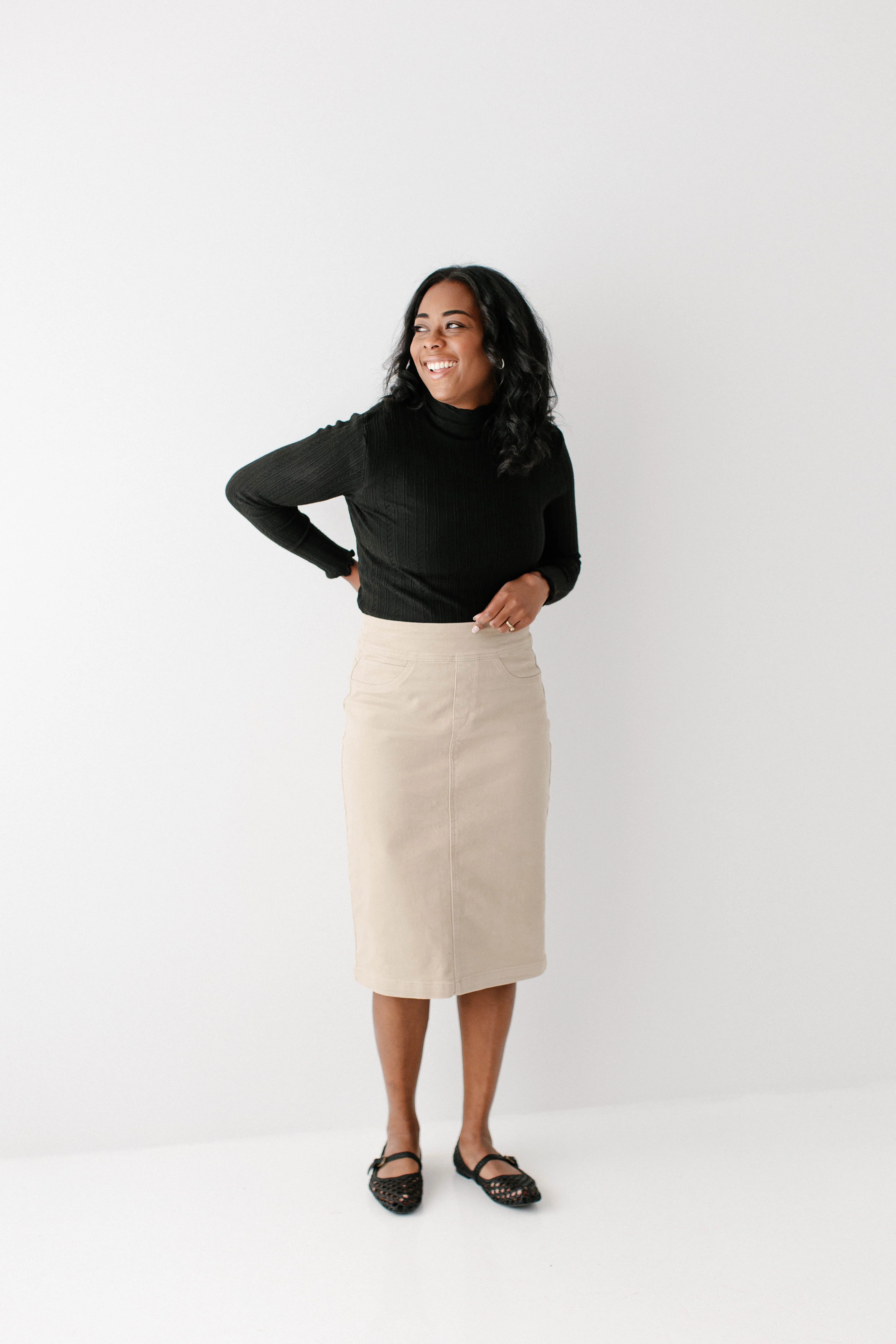 Sara Stretch Denim Skirt in Khaki - Image 6