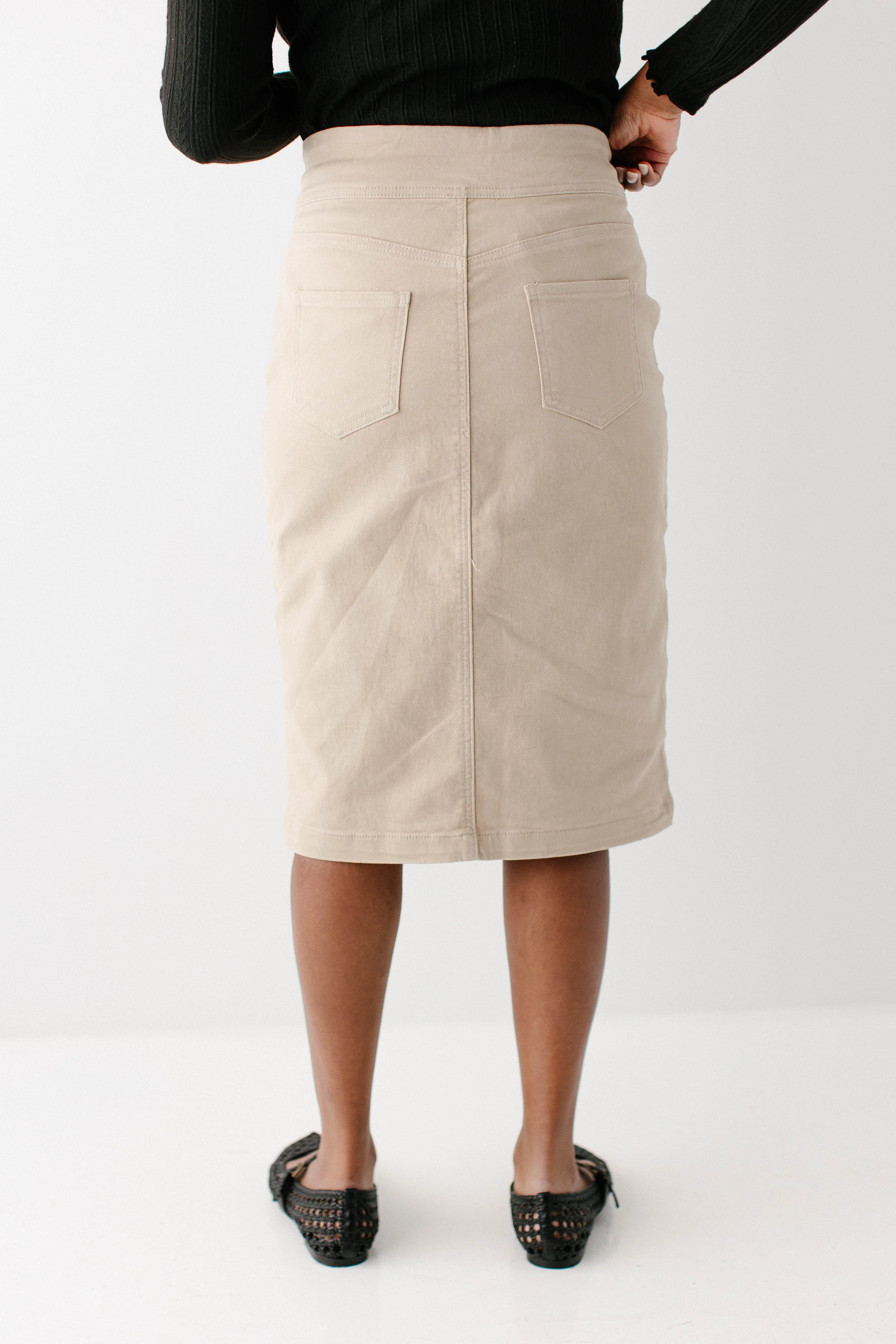 Sara Stretch Denim Skirt in Khaki - Image 7