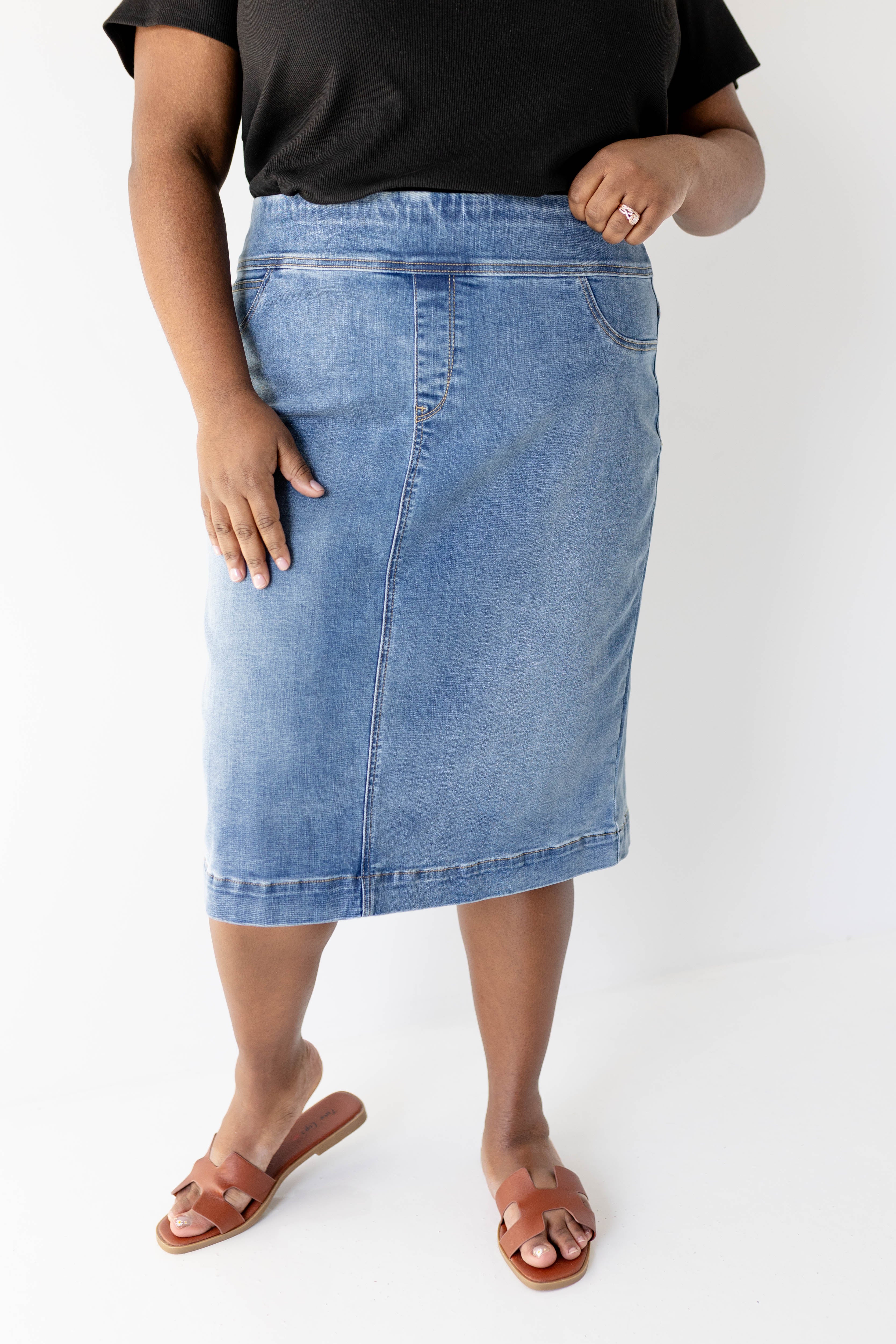 Sara Stretch Denim Skirt in Medium Wash - Image 17