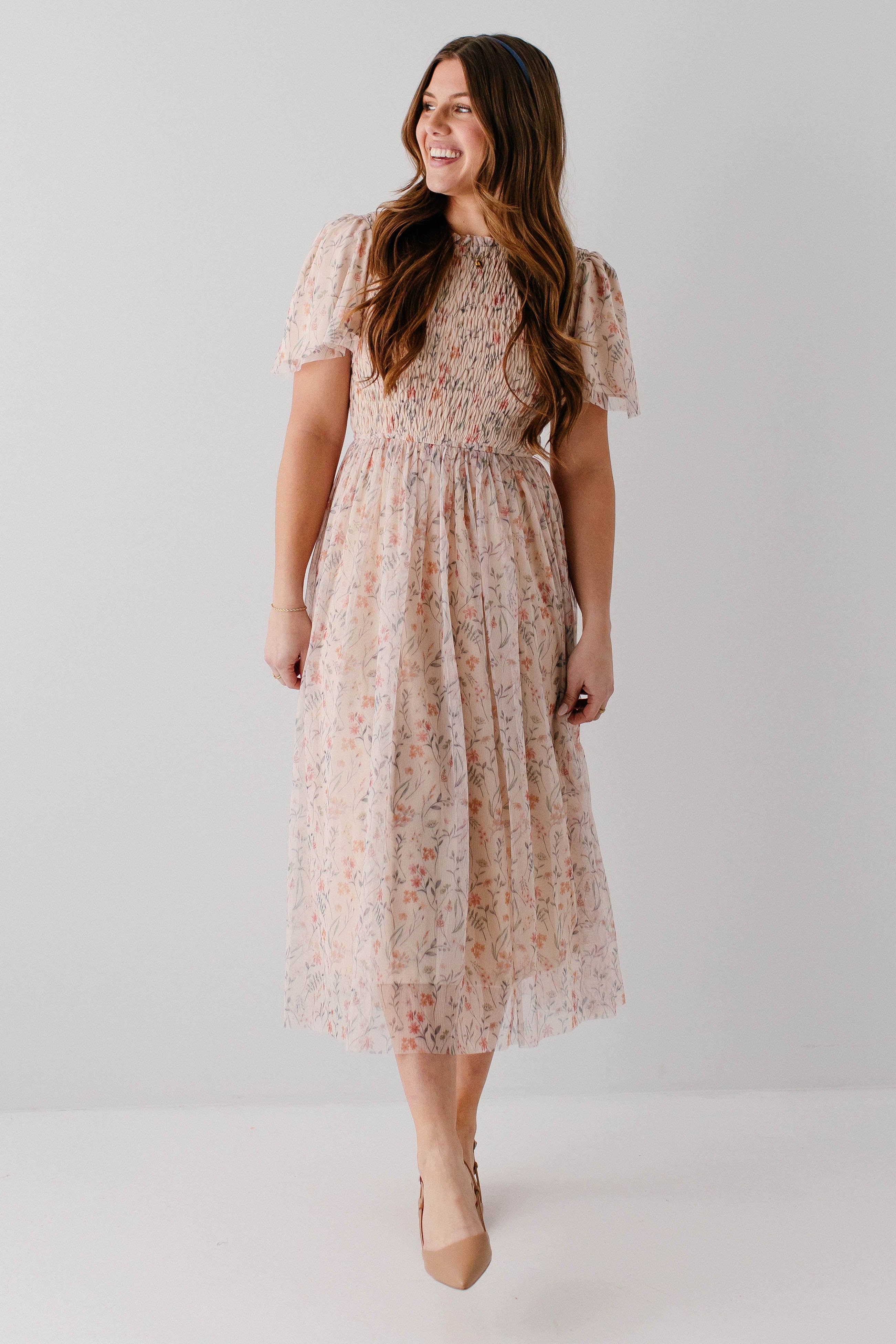 'Serena' Smocked Bodice Floral Mesh Midi Dress FINAL SALE - Image 3