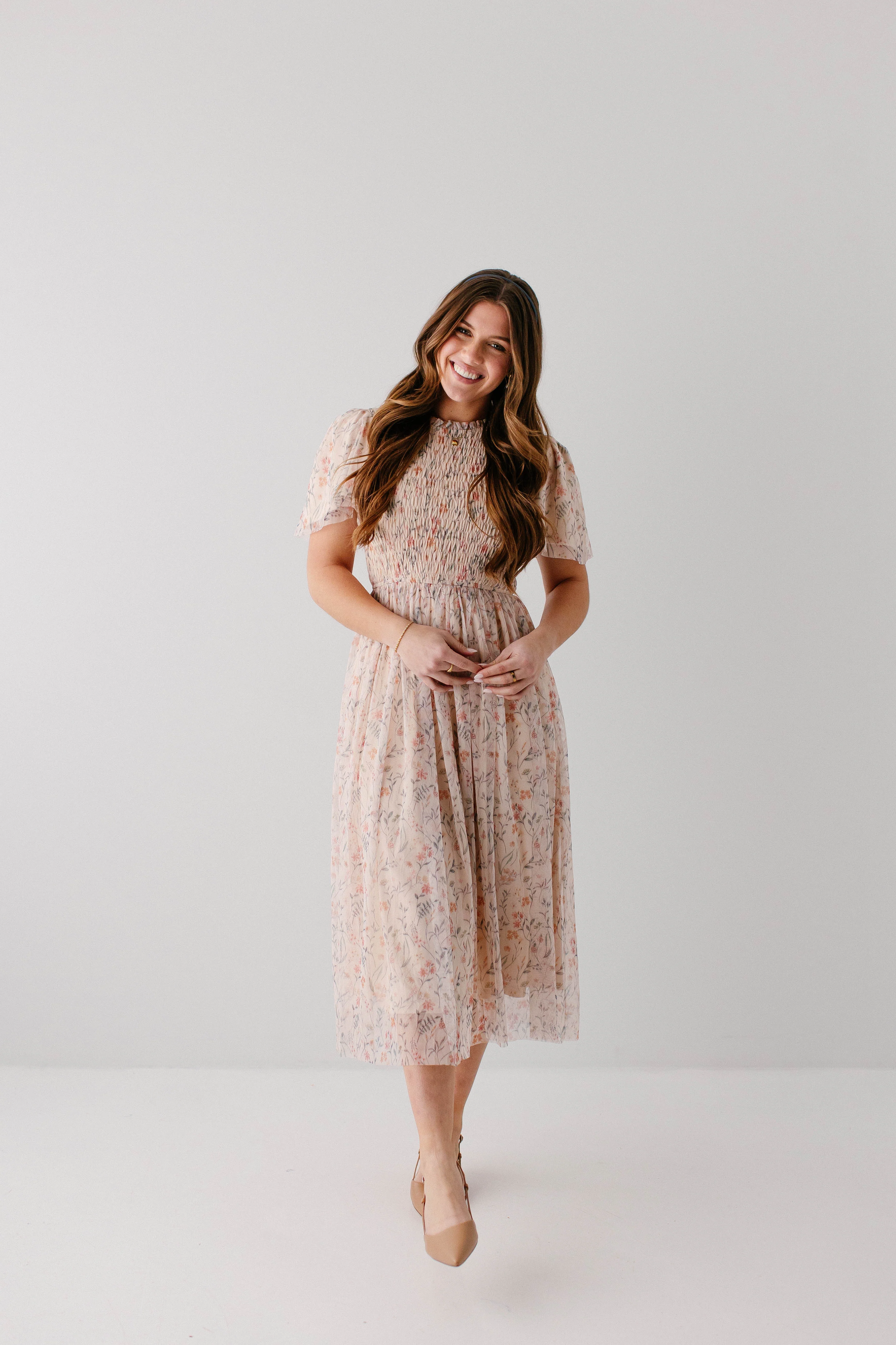 'Serena' Smocked Bodice Floral Mesh Midi Dress FINAL SALE - Image 6