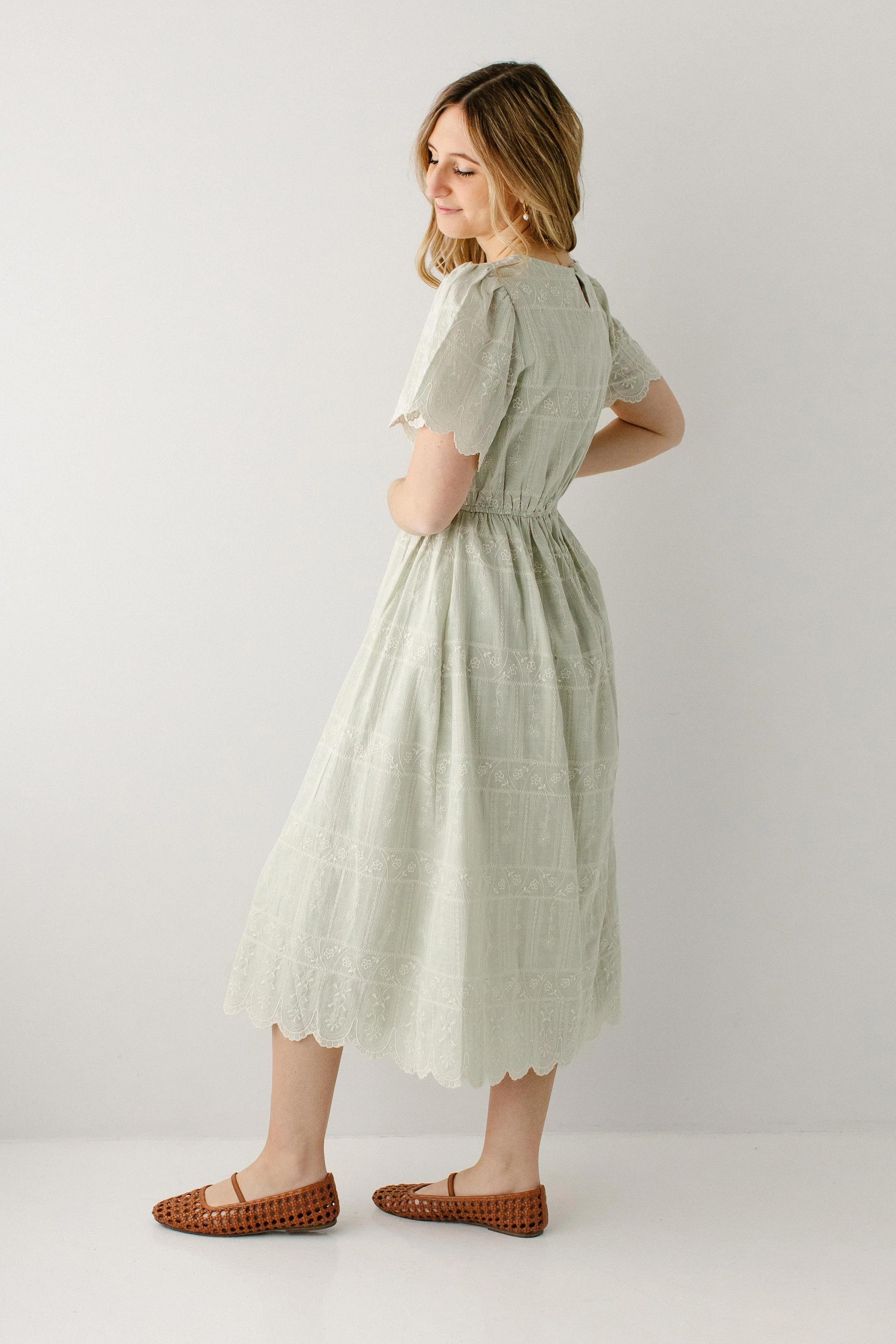 'Shoshana' Scallop Edge Embroidered Midi Dress - Image 13