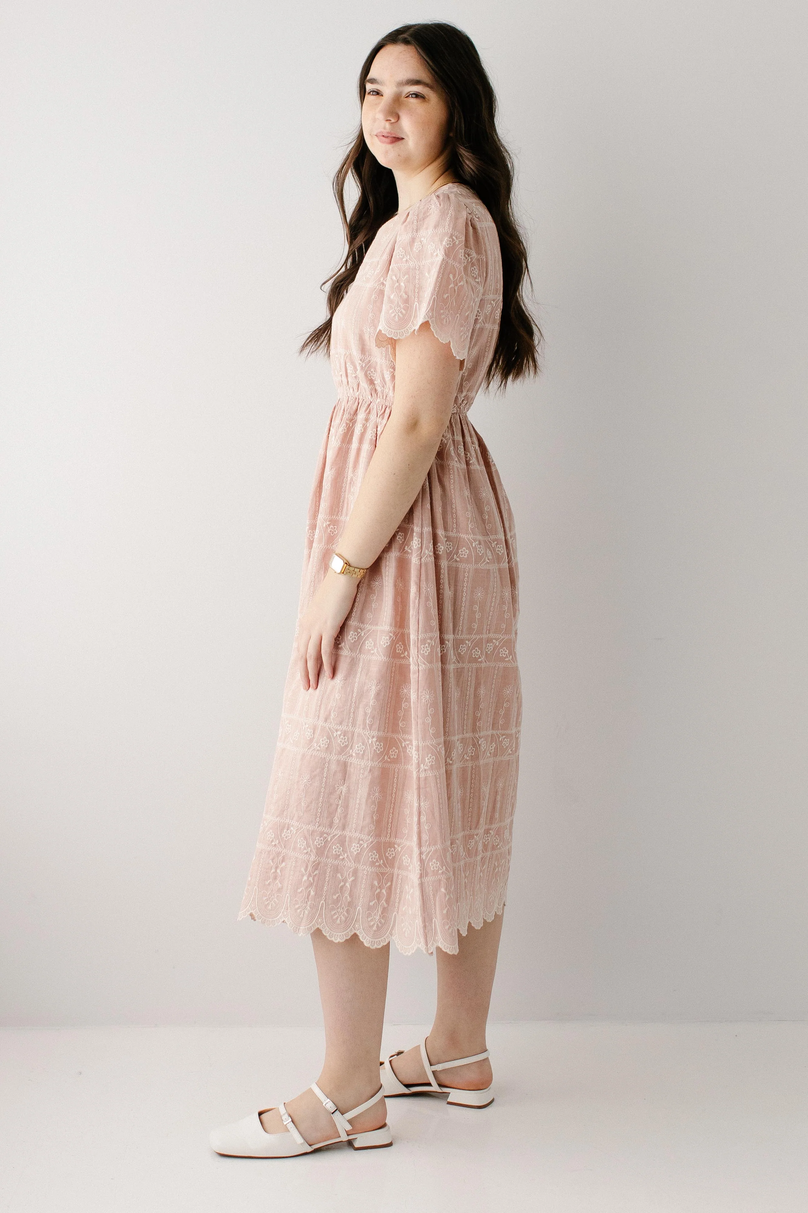 'Shoshana' Scallop Edge Embroidered Midi Dress - Image 5
