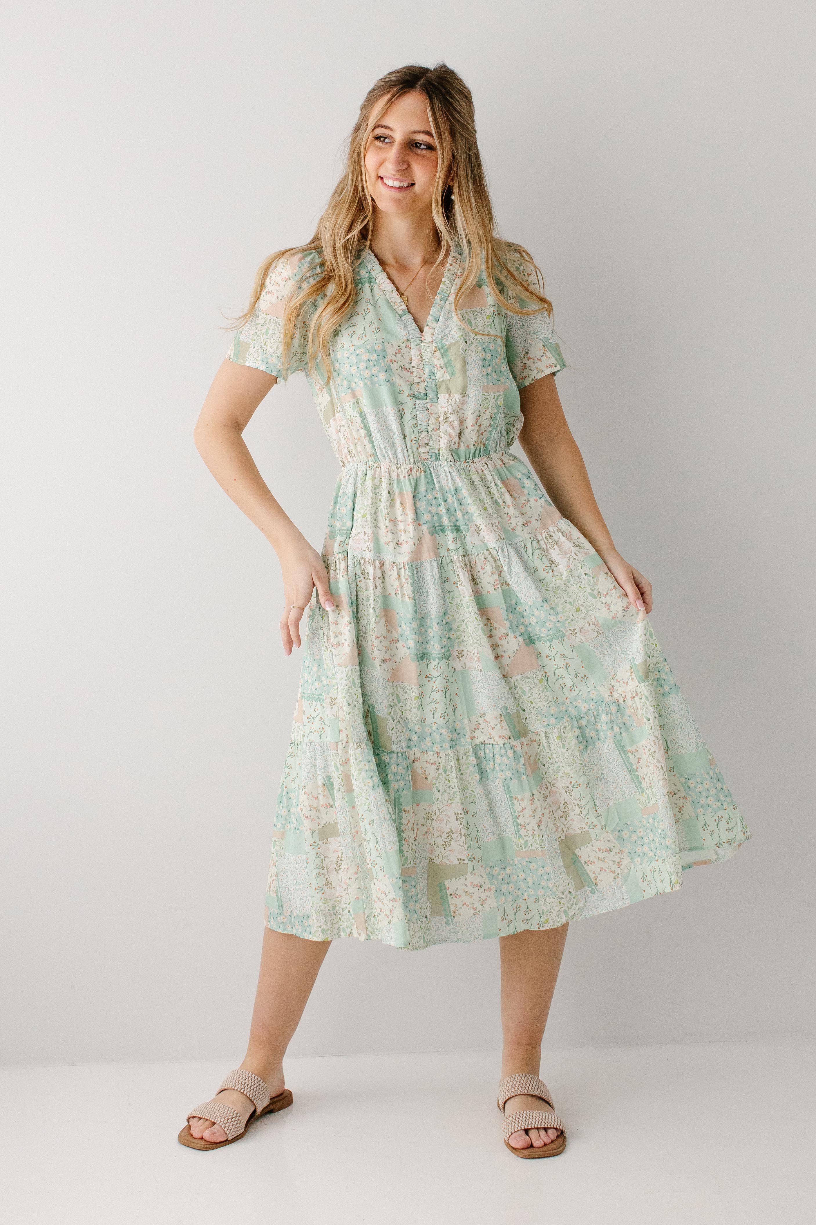 'Tansy' Patchwork Print Tiered Midi Dress